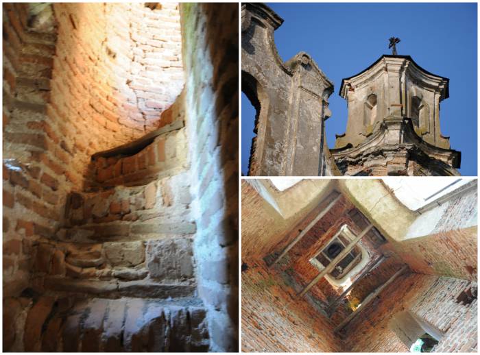 Фрагменты: лестница в стене, колокольня и остатки креста. Фото Анастасии Вереск
